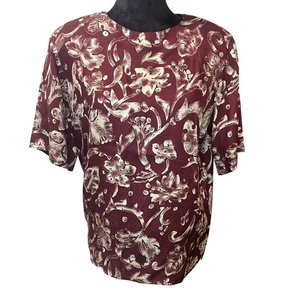 Vintage Womens Burgundy Floral 100% Silk Short Sleeve Blouse Top Size 8
